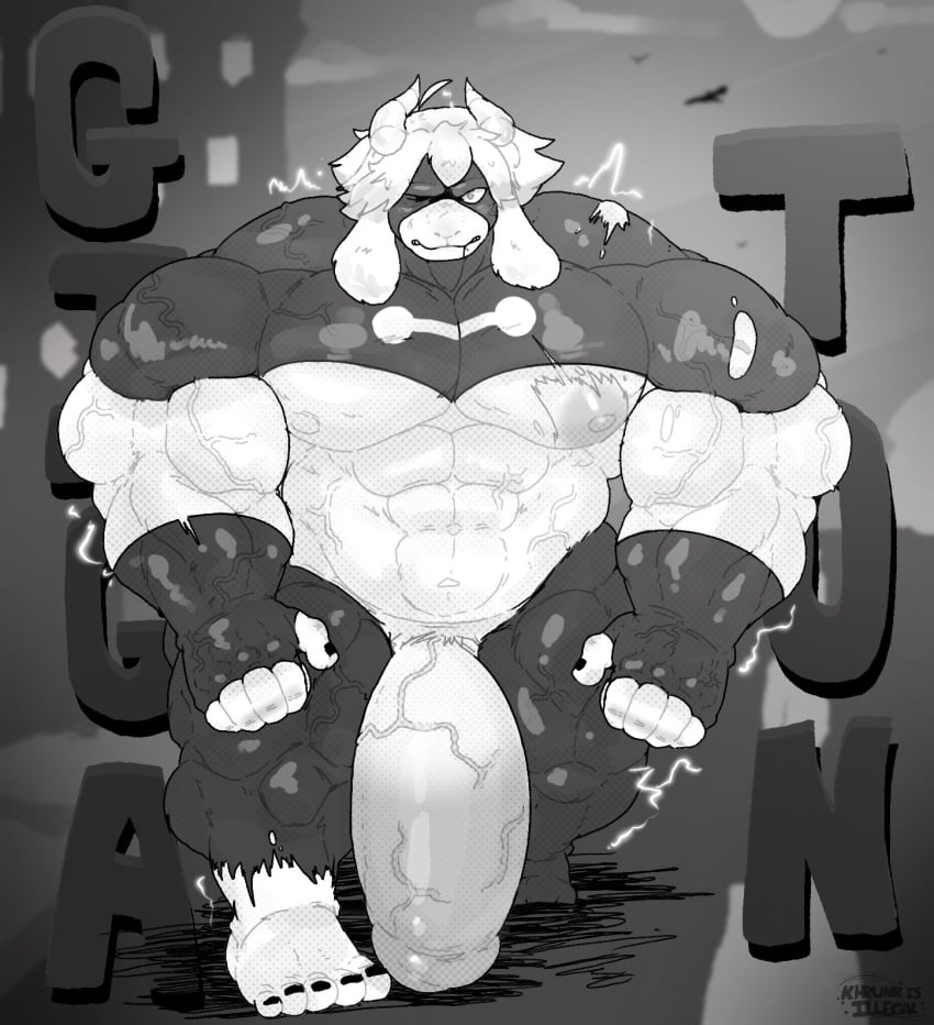 anthro big_muscles big_penis bovid caprine english_text gabriel_(parttimeyeen) genitals goat greyscale hi_res huge_cock huge_muscles hyper hyper_genitalia hyper_muscles hyper_penis khrunkisillegal male mammal monochrome muscular penis solo superhero superhero_costume text vein veiny_muscles veiny_penis