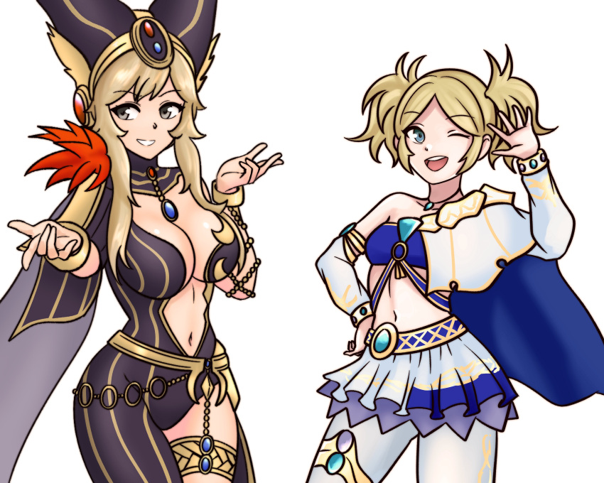 2girls alternate_costume blonde_hair blue_eyes breasts cia_(the_legend_of_zelda) cia_(the_legend_of_zelda)_(cosplay) cleavage cosplay female female_only fire_emblem fire_emblem_awakening fire_emblem_fates grandmother_and_granddaughter grey_eyes hayato_stuff hyrule_warriors hyrule_warriors_definitive_edition lana_(the_legend_of_zelda) lana_(the_legend_of_zelda)_(cosplay) large_breasts lissa_(fire_emblem) long_hair midriff multiple_girls navel nintendo ophelia_(fire_emblem) the_legend_of_zelda twintails wink