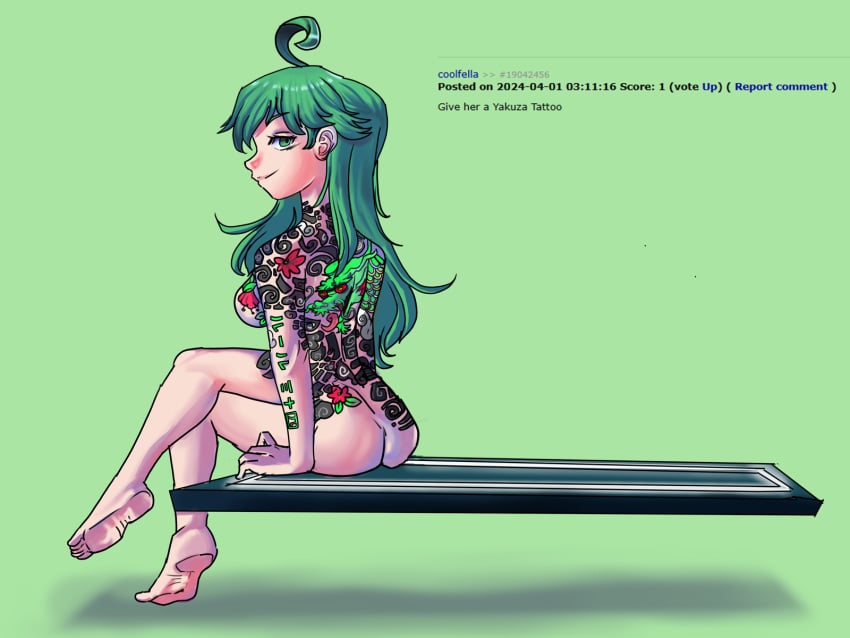 1girls 2d 2d_(artwork) ahoge ass barefoot completely_nude completely_nude_female crossed_legs female female_only green_eyes green_hair japanese_text looking_at_viewer looking_back mr.sir_69 nude nude_female personification rule_34-tan rule_34_(booru) rule_34_comment self_upload site-tan sitting soles tattoo tattoo_on_back text translated yakuza_tattoo