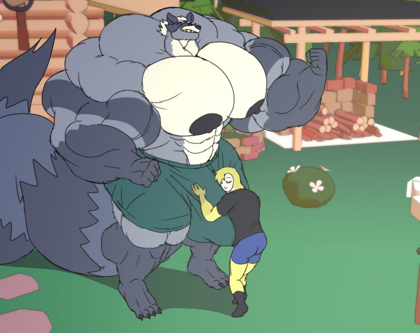 anthro avian biceps big_biceps big_bulge big_muscles big_nipples big_pecs bird black_clothing black_shirt black_topwear bottomwear bulge clothing duo feathers flexing fur genitals grass grey_body grey_fur grope head_tuft hi_res hug huge_bulge huge_muscles hyper hyper_biceps hyper_bulge hyper_muscles male male/male mammal muscular muscular_arms muscular_thighs nipples outside owl parttimeyeen_(artist) pecs penis penis_grab penis_hug plant procyonid raccoon shirt shorts t-shirt topwear tuft