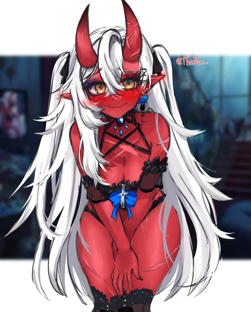 akumi female horns long_hair looking_at_viewer oni oni_horns red_skin rkgk scars virtual_youtuber vyugen white_hair yellow_eyes