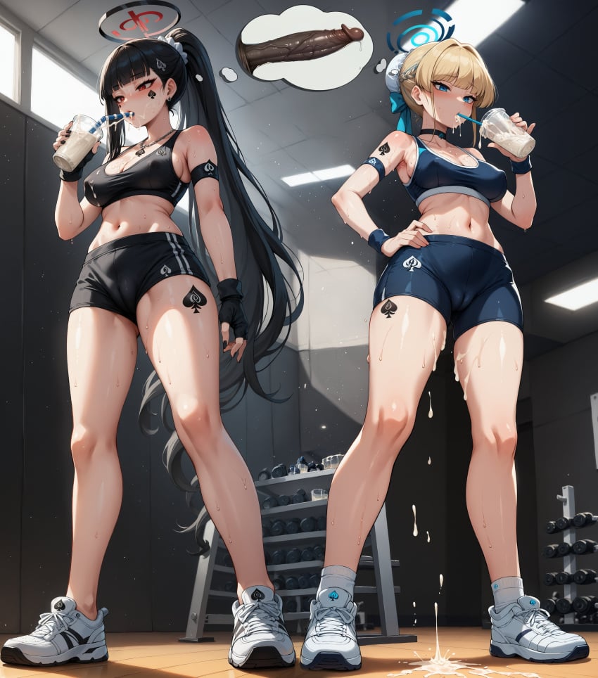 2girls ai_generated blacked_clothing blackedaibabes blue_archive dark-skinned_male disembodied_penis gym interracial queen_of_spades rio_(blue_archive) snowbunny toki_(blue_archive)