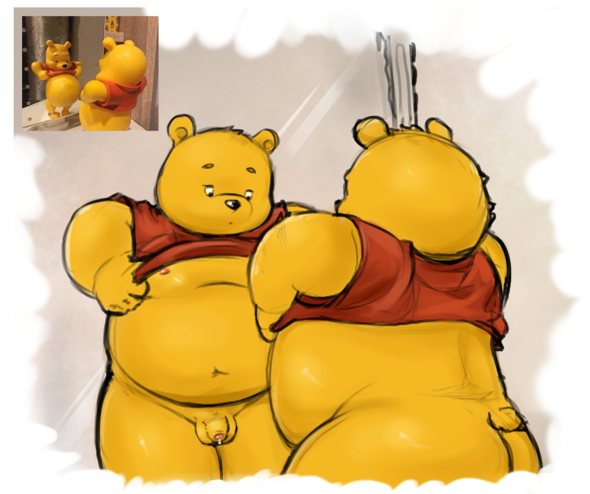 2024 anthro ass balls bear belly bodily_fluids clothed clothing clothing_lift disney genital_fluids genitals hi_res literature male male_only mammal mirror moobs navel nipples overweight overweight_male penis pooh_bear precum public_domain shirt shirt_lift small_penis solo thebunslover topwear winnie_the_pooh_(franchise) yellow_body