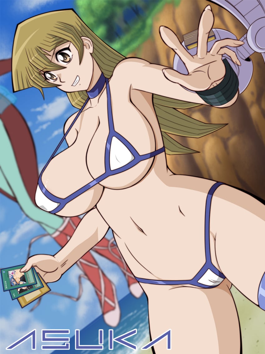 alexis_rhodes beach_umbrella bikini blonde_hair brown_eyes card female glamour_works hips huge_breasts looking_at_another navel smile tenjouin_asuka voluptuous yu-gi-oh! yu-gi-oh!_gx