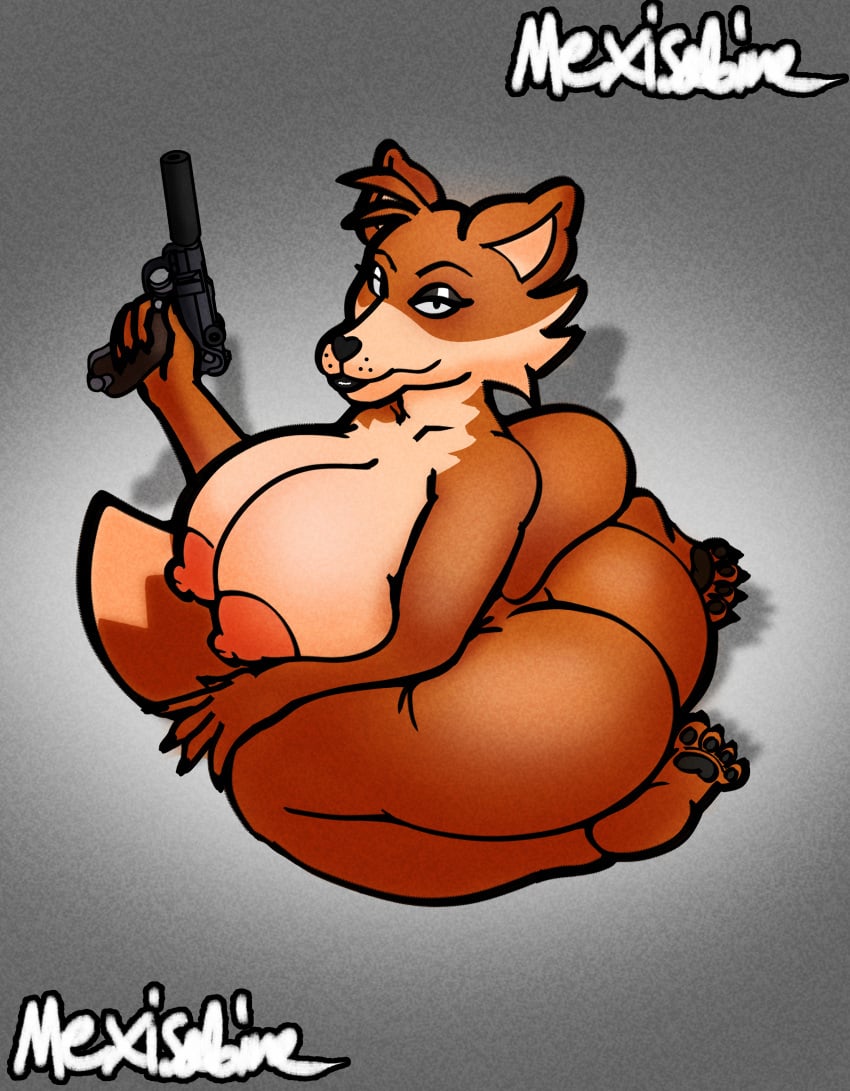 absurd_res anthro ass bedroom_eyes big_breasts big_butt big_ears big_tail breasts canid canine claws cleavage clothed clothing curvy_figure erect_nipples eyeliner eyeshadow female fox gun gynomorph half-closed_eyes handgun head_tuft hi_res holding_object holding_weapon huge_breasts intersex karen_the_fox_(mexisabine) lips lipstick looking_at_viewer makeup mammal mexisabine nails narrowed_eyes nipples pawpads pistol ranged_weapon red_fox seductive slightly_chubby solo tail thick_bottom_lip true_fox tuft voluptuous weapon wide_hips