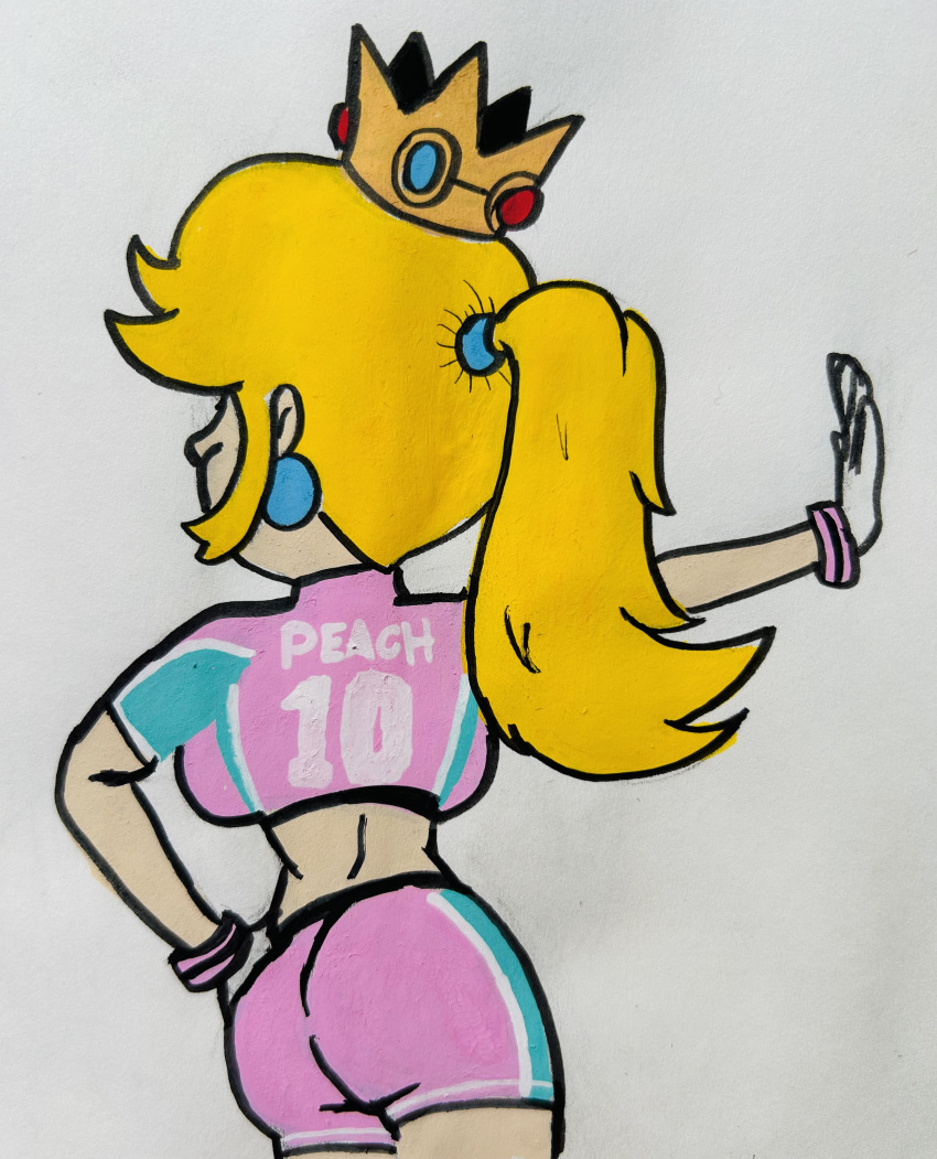 ass big_ass big_butt blonde_female blonde_hair mario_(series) mario_strikers_peach_back_view_redraw_(meme) pink_shorts ponytail princess_peach soccer soccer_player soccer_uniform super_mario_bros. super_mario_strikers