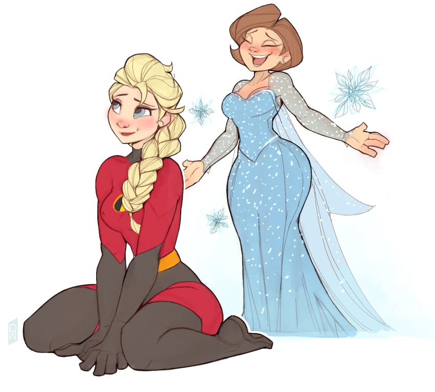 2girls blonde_hair blue_dress blue_eyes braided_hair brown_hair cosplay crossover crossover_cosplay dress elastigirl_(cosplay) elsa_(cosplay) elsa_(frozen) female female_only frozen_(film) helen_parr human human_only outfit_swap red_clothing superhero_costume superheroine the_incredibles tomphelippe white_background