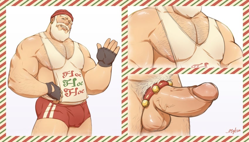 1boy 2023 arudesu balls bara barazoku beard big_balls big_penis bulge christmas christmas_clothing clothing cock_ring daddy erection hairy_chest hi_res highres holidays male male_nipples male_only male_pubic_hair mature_male muscular_male nipples penis penis_outline santa_claus santa_costume tight_clothing white_beard white_hair