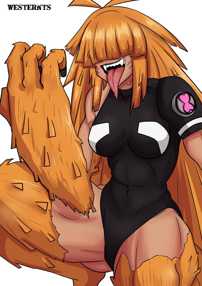 4_fingers alien alien_girl bangs bangs_over_eyes ben_10 canine chaquetrix fangs female female_only fur long_hair long_straight_hair long_tongue one_piece_suit orange_fur orange_hair sharp_claws sharp_teeth solo solo_female squatting straight_hair tongue tongue_out vulpimancer westernts wildmutt