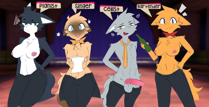 1boy 2d 2girls anthro bartender_(jazztronauts) black_fur blue_eyes bowtie breasts cellist_(jazztronauts) erection exyli fan_colored feline female femboy furry furry_only green_eyes jazztronauts light_blue_eyes looking_at_viewer male necktie nipples orange_eyes orange_fur partially_clothed penis penis_outside pianist_(jazztronauts) singer_(jazztronauts) topless white_fur