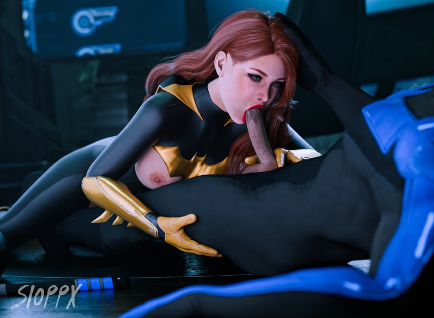 1boy 1girls 3d 3d_(artwork) barbara_gordon batcave batgirl batman_(series) blender blender_(software) blowjob breasts breasts_out canon_couple cock cock_sucking dc dc_comics dick dick_grayson female male nightwing oral oral_insertion oral_penetration oral_sex penis ripped_bodysuit ripped_clothing saliva series sioppx spandex spandex_suit sucking sucking_penis