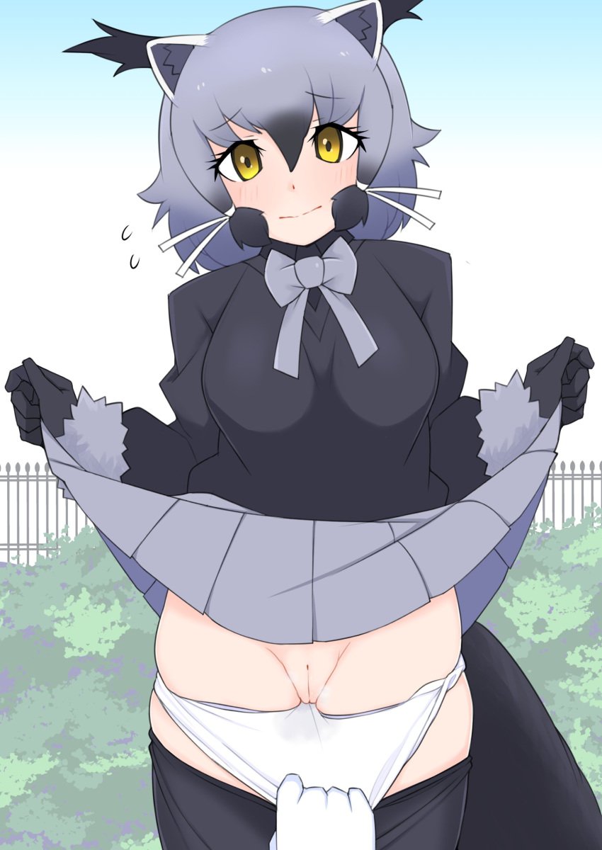 1girls 1other absurdres animal_ears binturong_(kemono_friends) black_gloves black_pantyhose black_shirt blue_sky blush breasts bug bush cat_ears clear_sky closed_mouth clothes_lift commentary_request cowboy_shot day female female_focus fence fly gloves gradient_hair grey_hair hair_between_eyes highres iron_fence kemono_friends lifted_by_self long_bangs looking_at_viewer medium_breasts medium_hair multicolored_hair ollie_(ollie_stratos) outdoors panties panty_pull pantyhose pov pussy pussy_juice shirt skirt skirt_lift sky smile solo_focus stained_panties uncensored underwear wet_panties white_gloves white_panties yellow_eyes