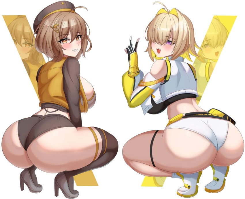 2girls :3d ahoge anis_(nikke) ass ass_focus blonde_hair blush breasts brown_hair come_hither elegg_(nikke) full_body goddess_of_victory:_nikke hair_intakes hair_over_eyes high_heels highres huge_ass jacket large_breasts long_bangs long_sleeves looking_at_viewer multicolored_hair multiple_girls naughty_face nikke_(species) open_mouth shoes short_hair shorts sicamal smile squatting thighs tiptoes two-tone_hair