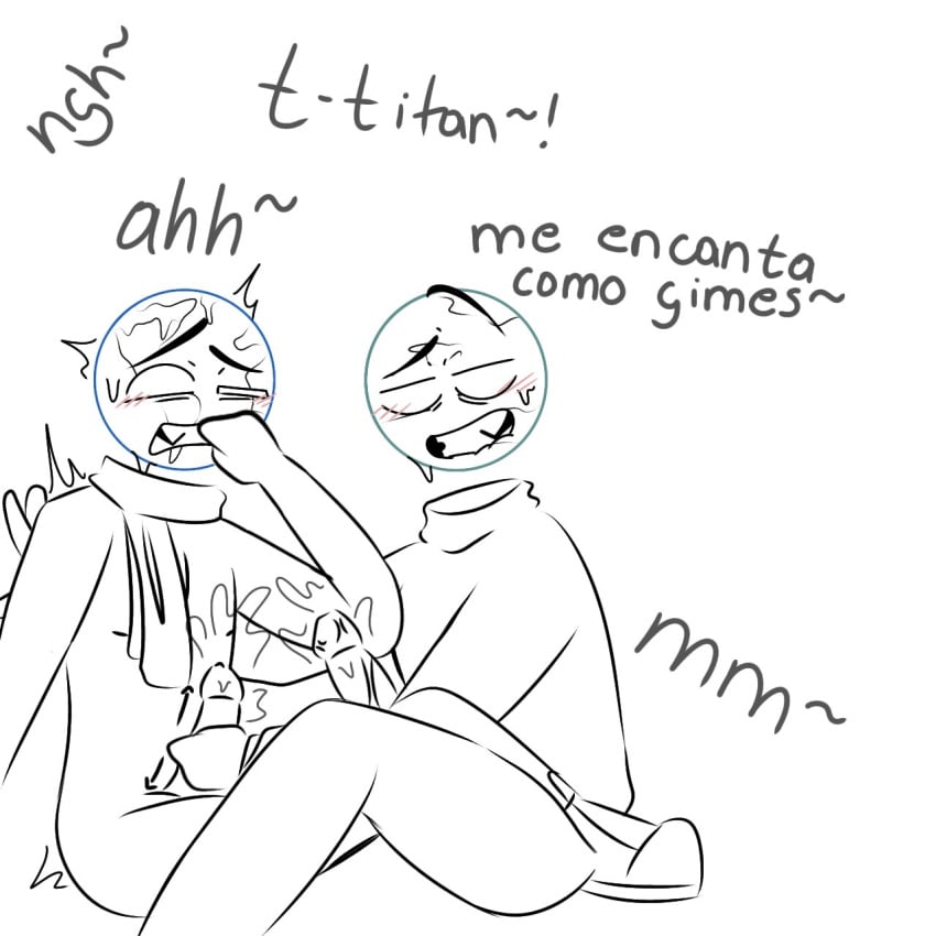 2boys blush circle_head cum earth_(planethumans) handjob moaning non-human non-human_only rubbing_penis sitting_down spanish_text titan_(planethumans) toony