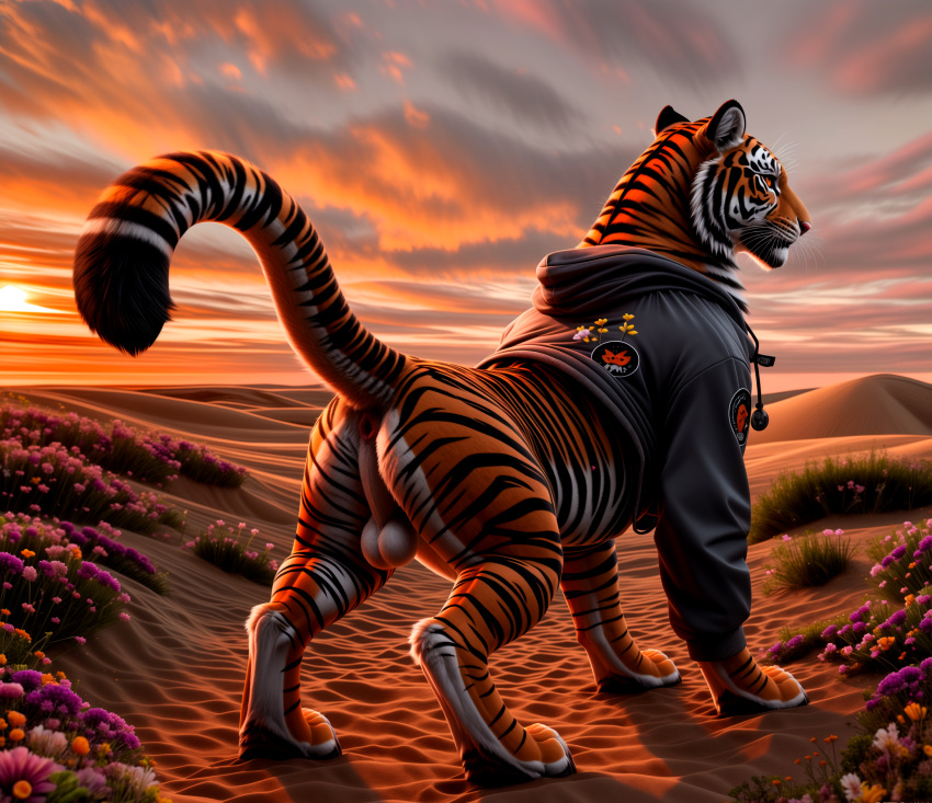 ai_generated anus ass balls black_body black_fur blp cheek_tuft clothed clothed_feral clothing cloud detailed_background facial_tuft felid feral flower fur fur_markings genitals hi_res hoodie inner_ear_fluff landscape light male mammal markings multicolored_body multicolored_fur orange_body orange_eyes orange_fur outside pantherine perineum pink_anus pink_nose plant presenting presenting_hindquarters raised_tail sand sand_dune short_fur solo standing striped_body striped_fur stripes sunlight sunset three-quarter_view tiger topwear tuft whiskers white_balls white_body white_fur white_perineum