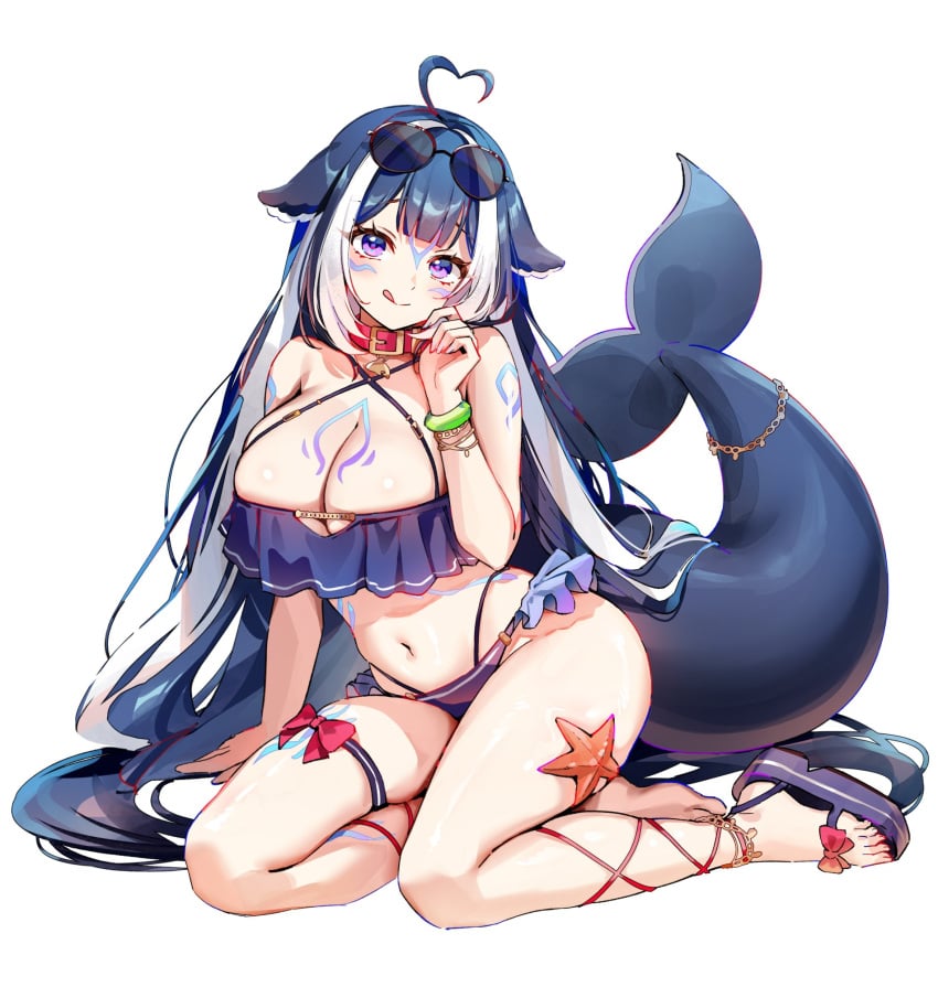 1girls ahoge animal_ears ass bare_shoulders belly belly_button big_breasts big_tail blue_hair blush body_markings bracelet breasts butt cetacean_tail cleavage clothing collar female female_focus female_only frilled_bikini glasses heart_ahoge hips indie_virtual_youtuber jewelry large_tail licking_lips light_skin long_hair markings midriff navel orca_girl panties sandals shiny_skin shylily sitting solo starfish tail thighs toes two_tone_hair virtual_youtuber vtuber wide_hips