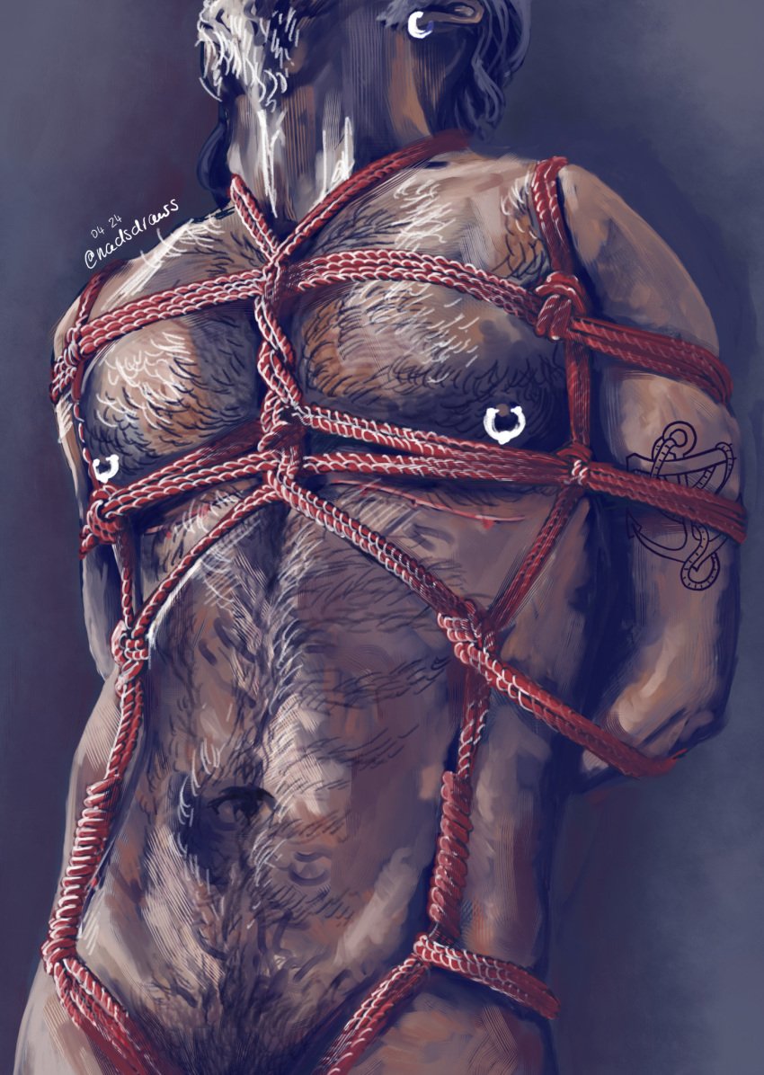 1boy 1male bara bara_tiddies bara_tits barazoku beard bondage earring gay hairy_male hands_tied hands_tied_behind_back head_tilted_back izzy_hands male male_only nadsdraws nipple_piercing no_visible_genitalia our_flag_means_death pirate rope rope_bondage tattoos torso