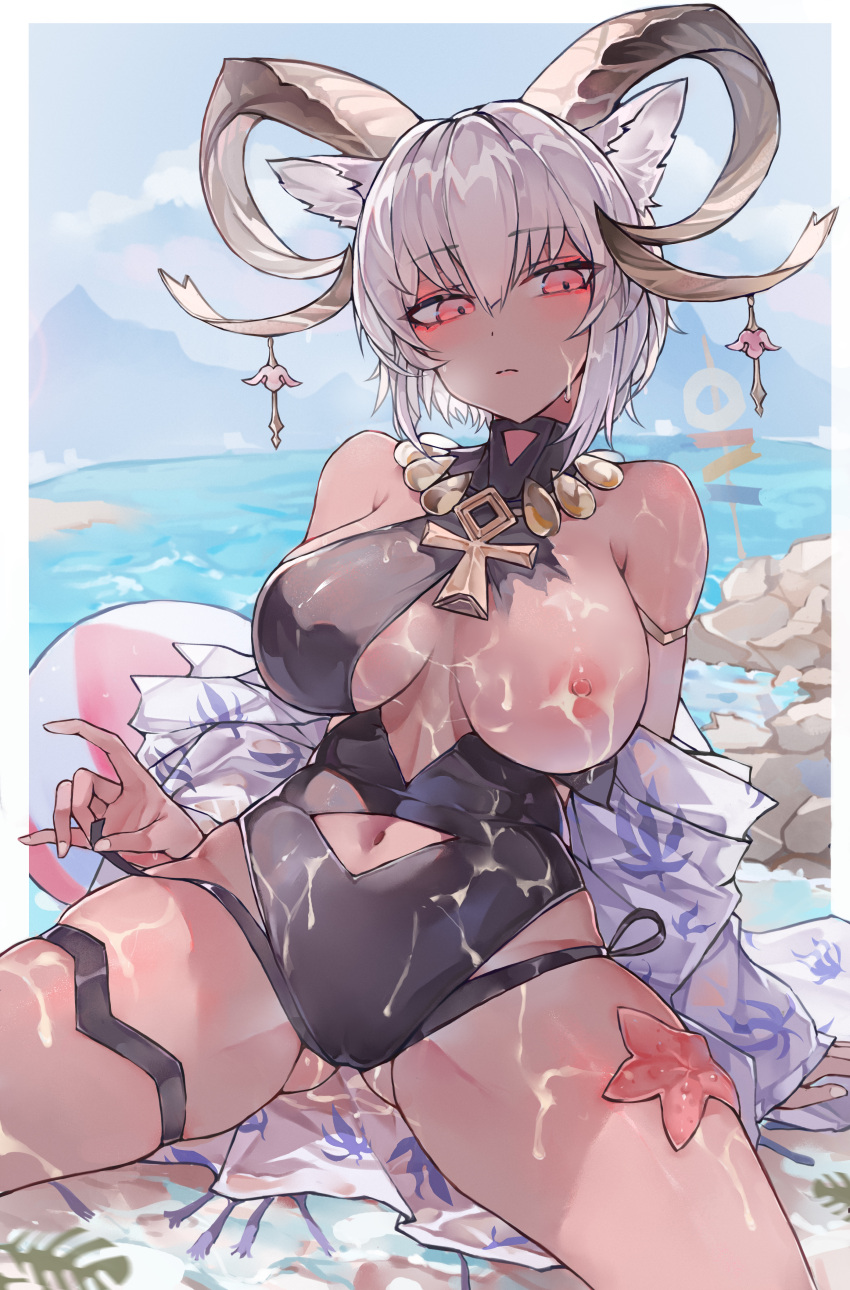 1girls arknights artist_request carnelian_(arknights) clothing_cutout cum female female_only one_breast_out orekh swimsuit