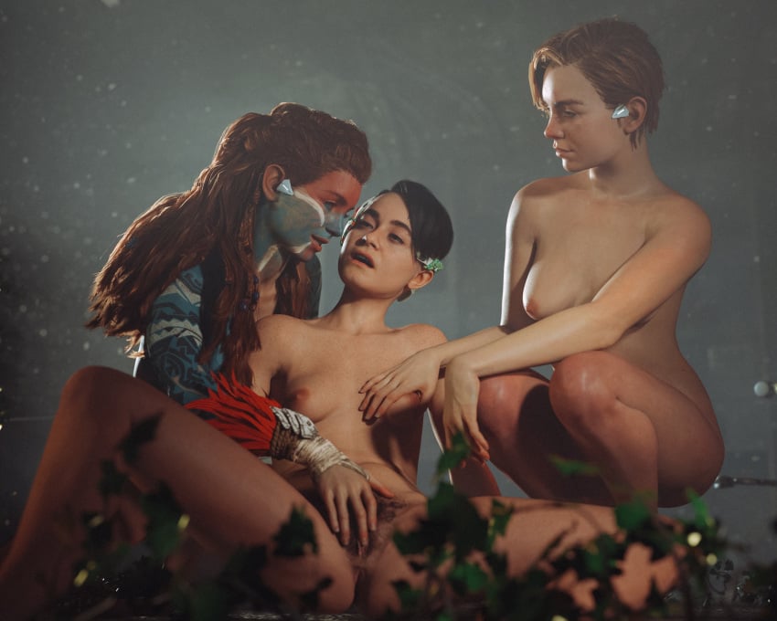 3girls accurate_art_style aloy alva_(horizon_forbidden_west) beta_(horizon_forbidden_west) bodypaint boob_squish female female_only fingering_pussy group_sex horizon_forbidden_west lesbian_sex long_hair multiple_girls naked_female official_style orgasm_face outdoor pubic_hair short_hair sisters sitting_on_grass skinny slim small_areola small_breasts squatting thelustofuspt2