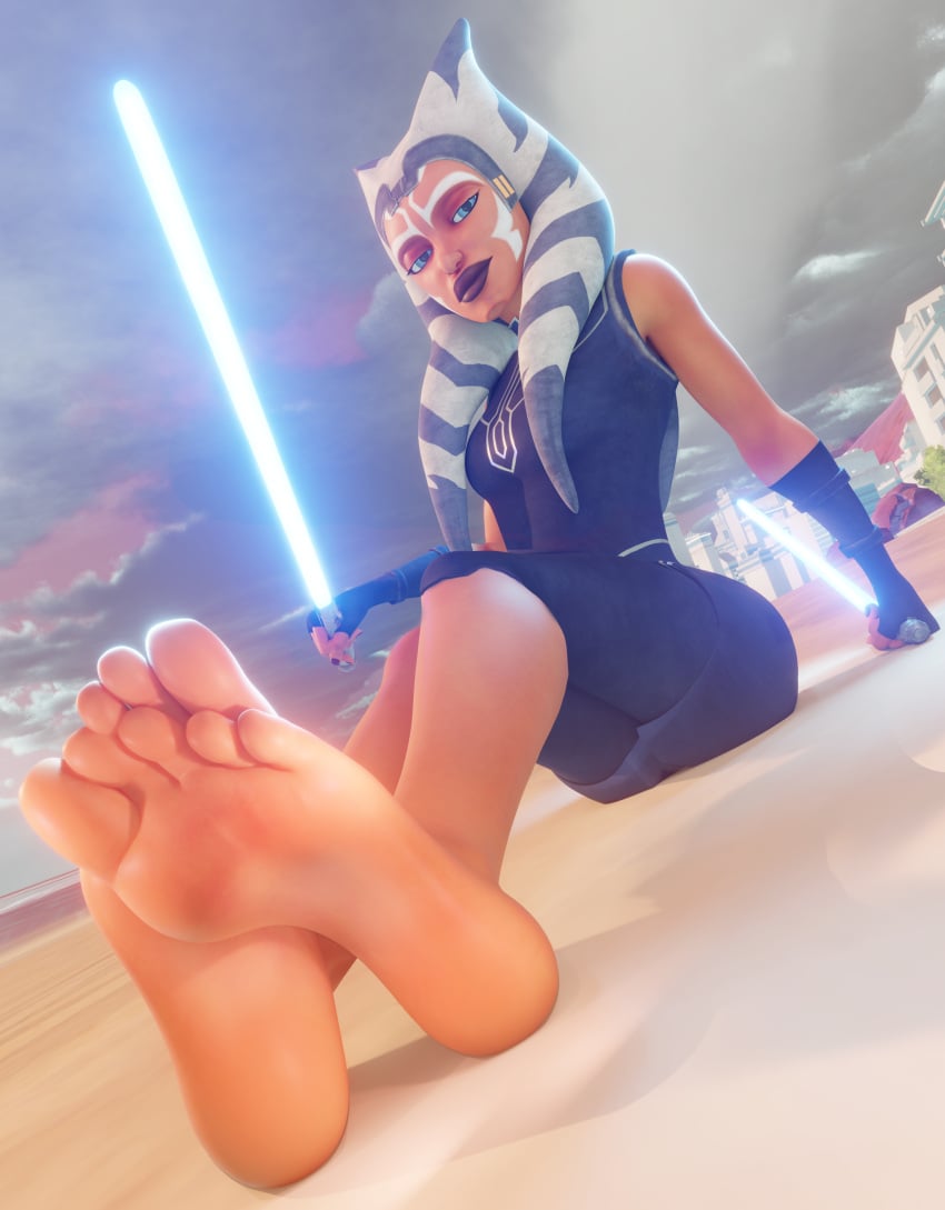 1girls 3d ahsoka_tano barefoot beach black_fingernails black_lipstick blender blue_eyes clone_wars clothed clothing cloudy_sky facepaint feet feet_focus feet_together female female_only fingerless_gloves foot_fetish foot_focus gloves lightsaber lipstick looking_at_viewer montrals orange_body orange_skin painted_nails sand sitting soles star_wars syclops tendrils toes togruta