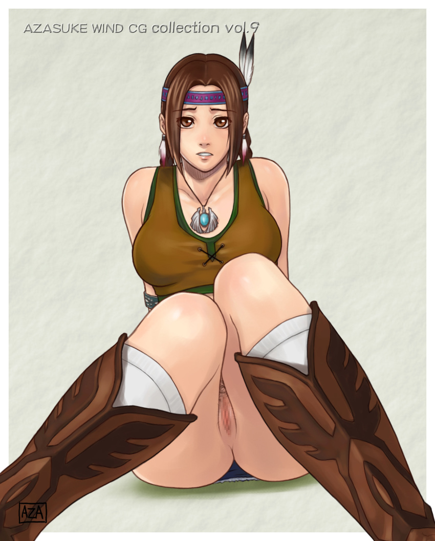 arm_support armband azasuke bare_shoulders boots braid brown_eyes brown_hair censored closed_legs cowboy_boots earrings feather_earrings feather_in_hair feathered_headband feathers female female_only hair_feather hair_feathers headband highres human jewelry julia_chang knees_together_feet_apart leaning_back looking_at_viewer namco native_american native_american_headdress necklace no_panties pov pubic_hair pussy sitting solo tank_top tekken tekken_3 tekken_4 tekken_5_dark_resurrection tekken_tag_tournament tied_hair twin_braids twintails