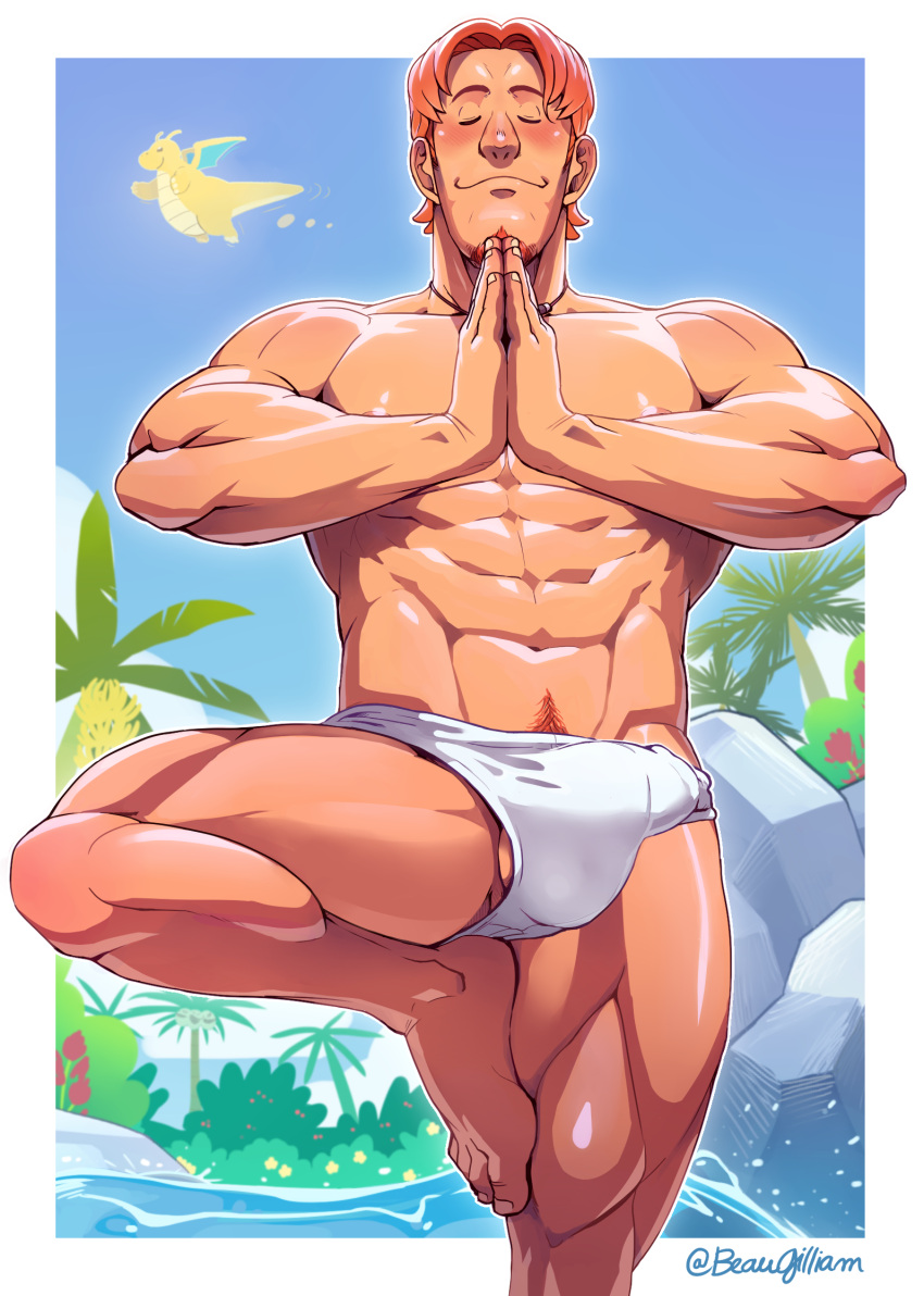 1boy 2024 balls bara barazoku beard beaugilliam biceps blush bulge bulge_through_clothing hi_res highres male male_nipples male_only male_pubic_hair muscular_male nintendo nipples pecs penis penis_outline pokemon pokemon_concierge tyler_(pokemon_concierge) underwear