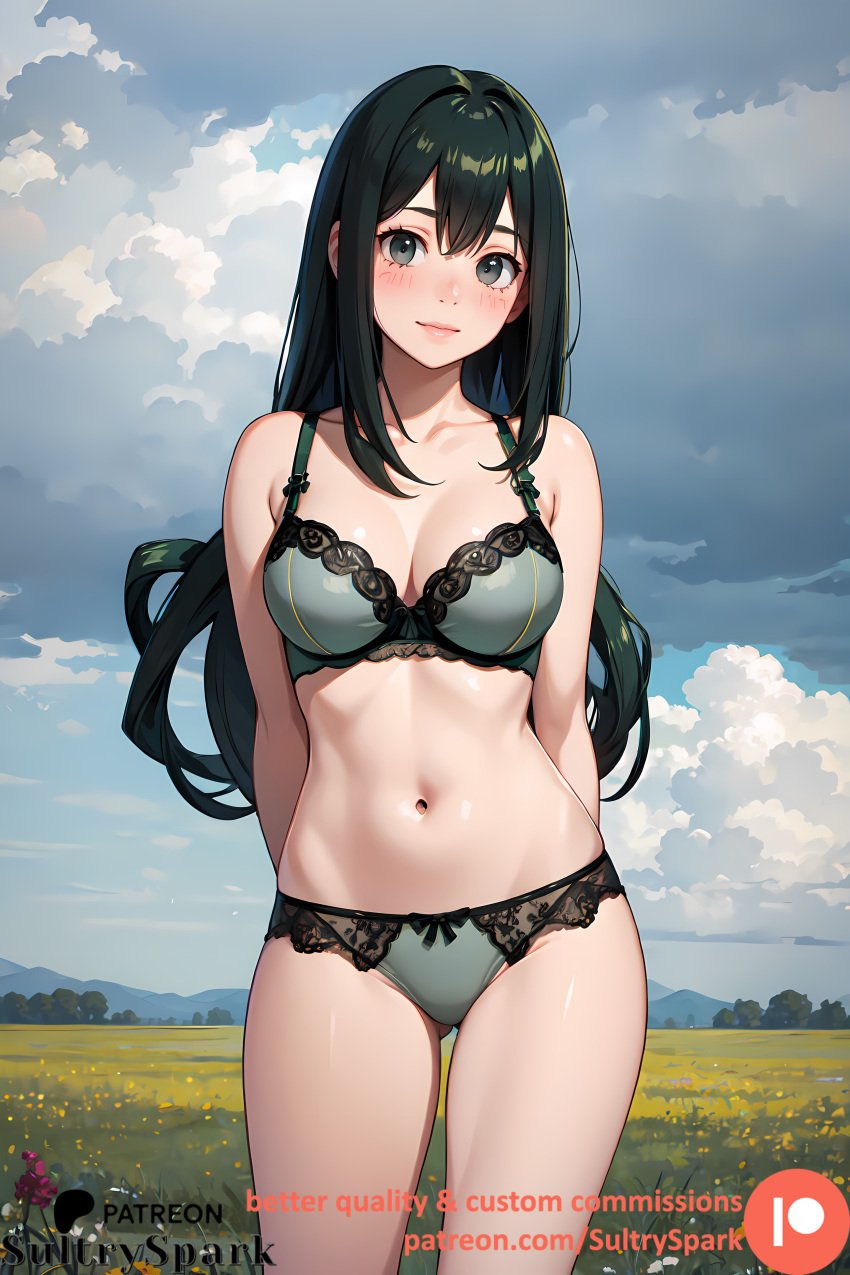 1girls ai_generated artist_name boku_no_hero_academia breasts commission female female female_only girl green_eyes green_hair green_lingerie lingerie long_hair looking_at_viewer medium_breasts my_hero_academia outdoors patreon patreon_username solo solo_female sultryspark teenager tsuyu_asui