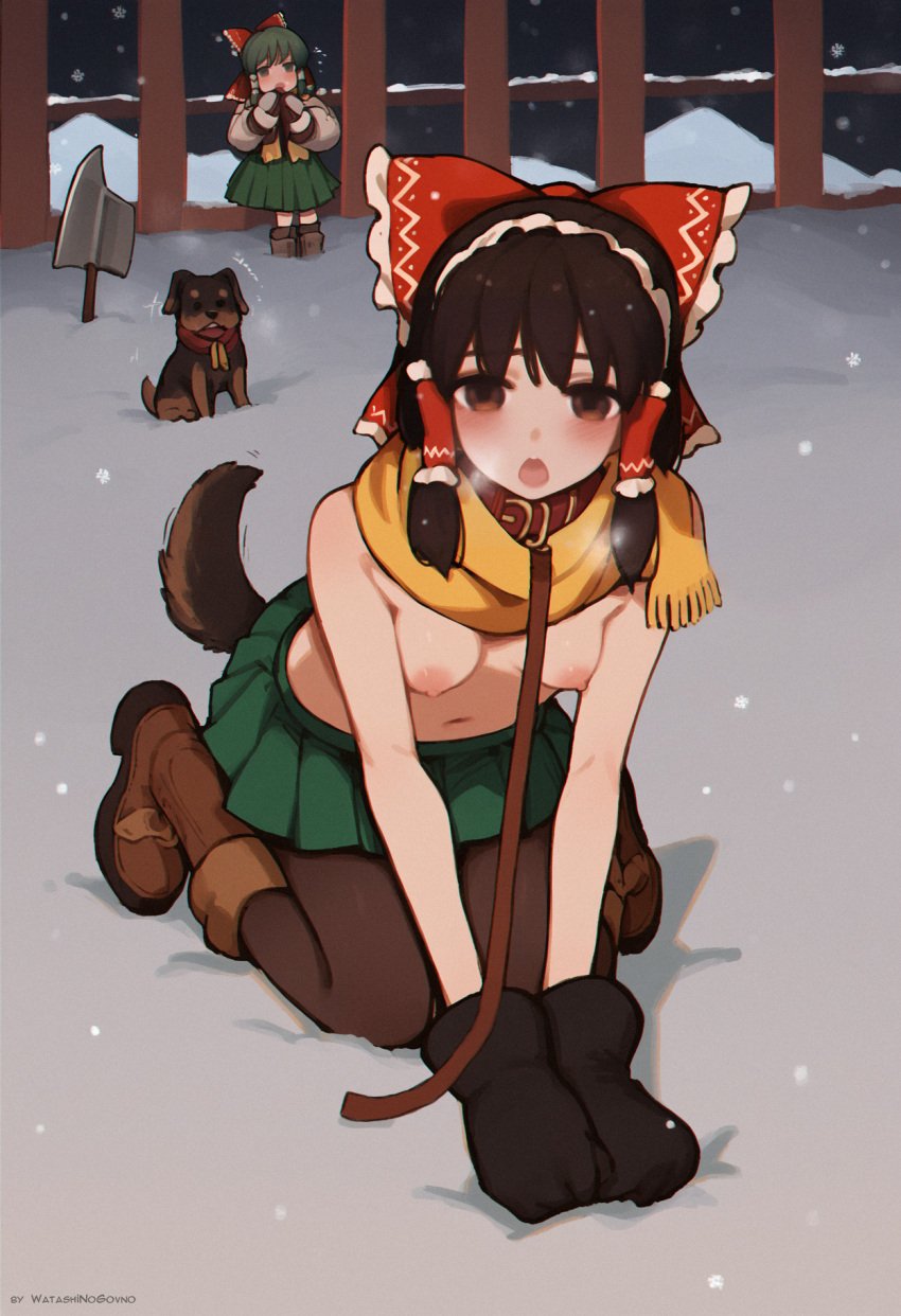 2girls ai_generated all_fours animal_hands artist_name bangs blush boots bow breasts breath brown_footwear canine collar dog_tail exhibitionism fake_tail frills full_body gloves green_skirt hair_tubes hairbow hakurei_reimu kneeling leash medium_breasts multiple_girls nipples open_mouth outdoors patreon_username paw_gloves pet_play pleated_skirt public public_indecency red_bow ribbon scarf skirt snow snowing tail topless touhou twitter_username watashinogovno winter