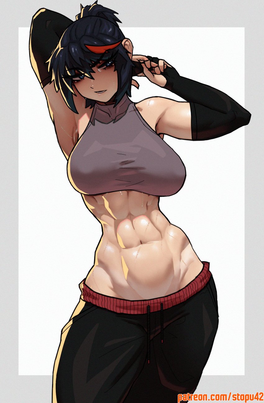 1girls abdomen abs alternate_hairstyle armpit armpits arms_behind_head arms_up armwear bare_shoulders belly belly_button belly_focus black_hair breasts dark_hair female_only fit fit_female hips kill_la_kill matoi_ryuuko medium_breasts midriff navel nipples_visible_through_bra patreon_username simple_background small_waist solo sports_bra sportswear stopu striped_hair sweat sweating sweaty sweaty_body tomboy toned toned_belly toned_female toned_stomach