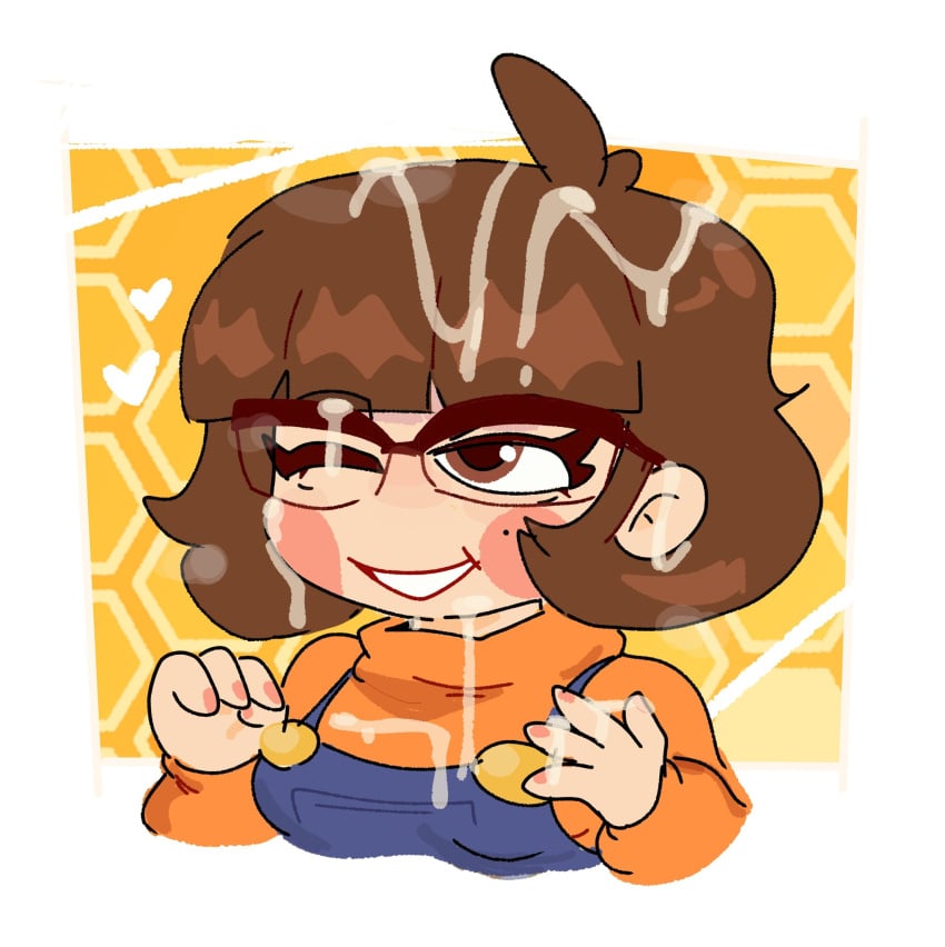 1girls 2d bizabizow brown_hair bukkake clothed clothed_female clothes clothing cum_on_face cum_on_glasses errorplush facial female fingernails funny glasses hand_on_head honeycomb_background nail_polish orange_nails overalls youtube youtuber