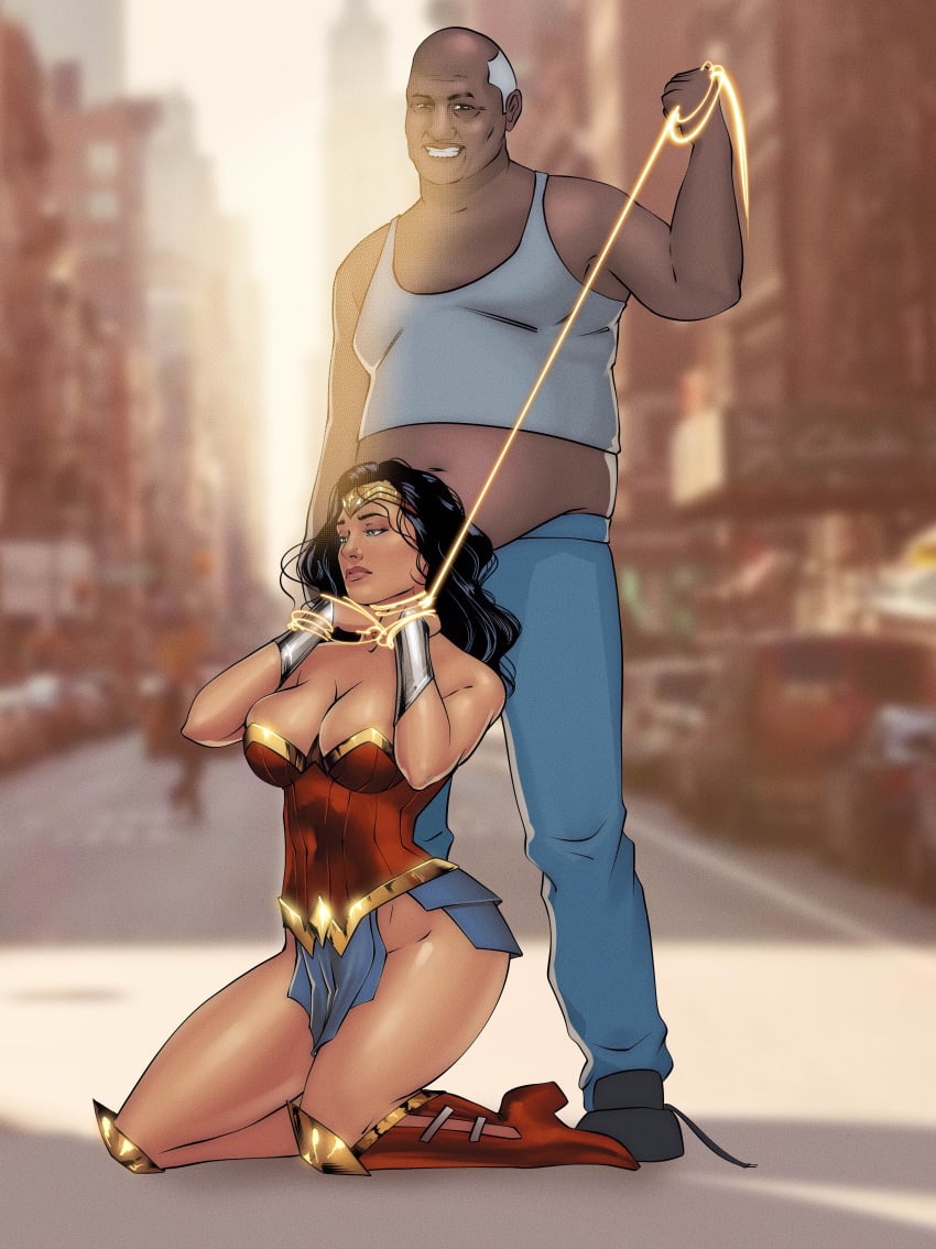 age_difference big_breasts bondage cleavage clothed dc dc_comics fat_man femsub humiliation interracial lasso_of_truth leash male maledom old_man public wide_hips wonder_woman