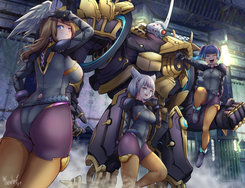 3girls animal_ears ass belt blue_hair brown_hair cat_ears eunie_(xenoblade) grey_hair head_wings leotard machine_assassin_(xenoblade) mecha mio_(xenoblade) multiple_girls ravenhart robot segiri_(xenoblade) sena_(xenoblade) short_hair side_ponytail smile thighhighs wings xenoblade_chronicles_(series) xenoblade_chronicles_3