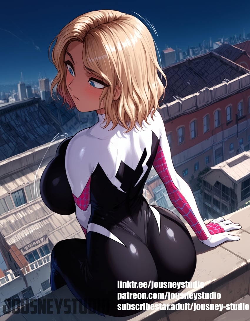 1girls ai_generated animification ass bangs blonde_hair blue_eyes blush bodysuit breasts building city cityscape closed_mouth clothing english_text eyebrow_piercing female female_only from_behind gwen_stacy hood jousneystudio large_breasts light-skinned_female looking_at_viewer looking_back marvel original outdoors shiny short_hair sitting skin_tight sky skyscraper solo spider-gwen spider-man:_into_the_spider-verse spider-man_(series) spider_web_print superhero thighs