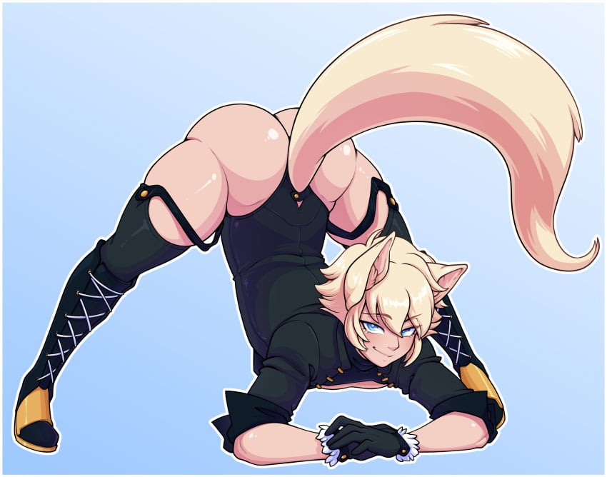 1boy about_to_die animal_ears blonde_hair blue_eyes dabunnox femboy flexible fox_boy fox_ears fox_humanoid fox_tail gloves jack-o_pose male_only smile smiling tail