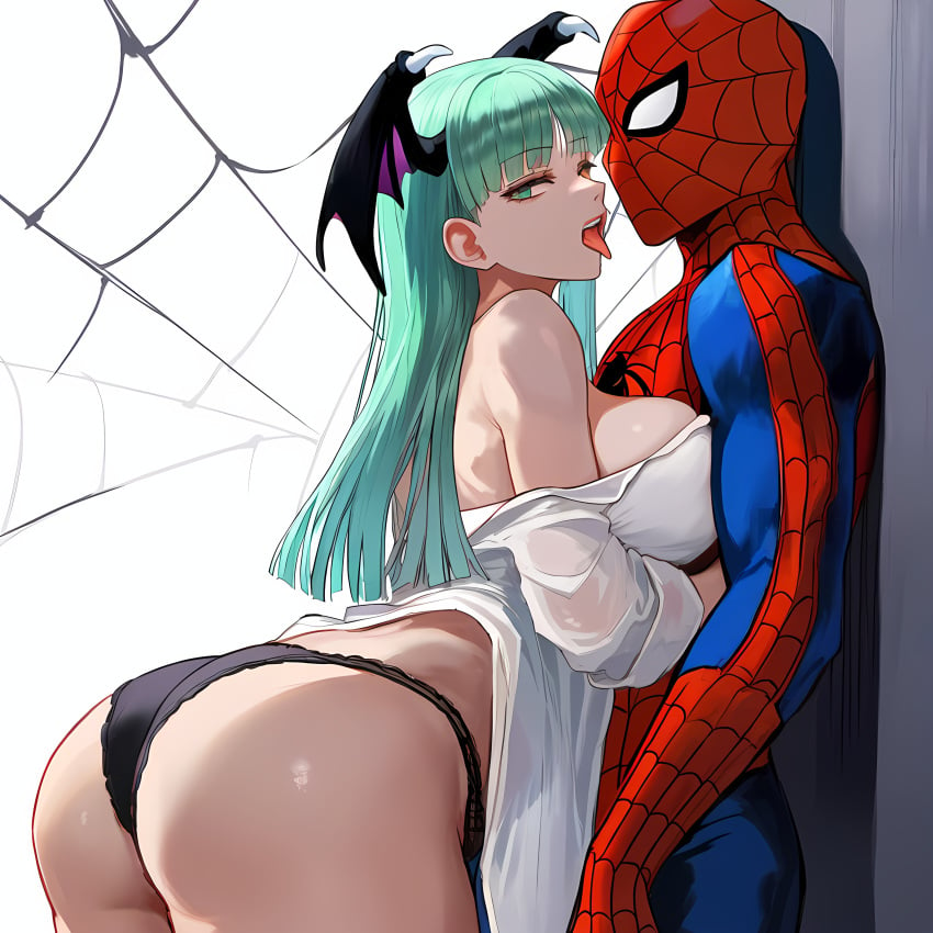 against_wall ai_generated assertive_female before_sex big_breasts black_panties breasts bubble_ass bubble_butt capcom crossover darkstalkers demon_girl fat_ass femdom fully_clothed fully_clothed_male giant_breasts green_hair half_naked hetero huge_ass huge_breasts huge_tits looking_at_viewer looking_back loose_clothes loose_shirt male/female marvel marvel_comics marvel_vs._capcom monster_girl morrigan_aensland panties pinned_to_wall pre_sex pressed_against pushed_against_wall see-through see-through_clothing spider-man spider-man_(series) succubus teasing tongue_out wide_hips wide_thighs