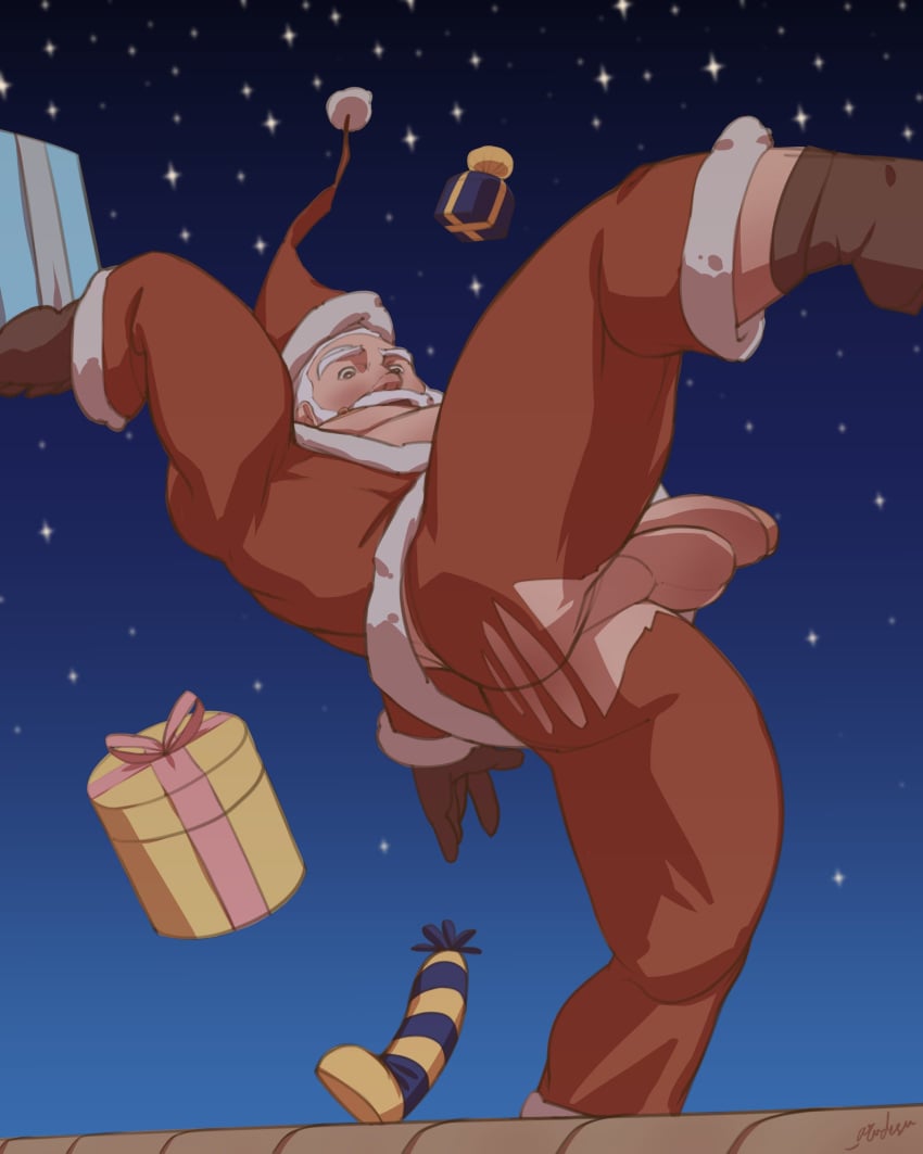 1boy 2023 arudesu ass balls bara barazoku beard big_balls big_penis blush christmas christmas_clothing clothing daddy hi_res highres holidays male male_only mature_male muscular_male penis ripped_clothing santa_claus santa_costume white_beard white_hair