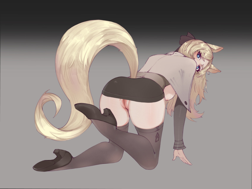 1girls all_fours animal_ears animal_tail arknights ass blonde_hair blue_eyes breasts female female_only high_heels horse_ears horse_girl horse_tail large_breasts light-skinned_female light_skin long_hair looking_back pussy skirt solo stockings tail tuoyezengzhi whislash_(arknights)