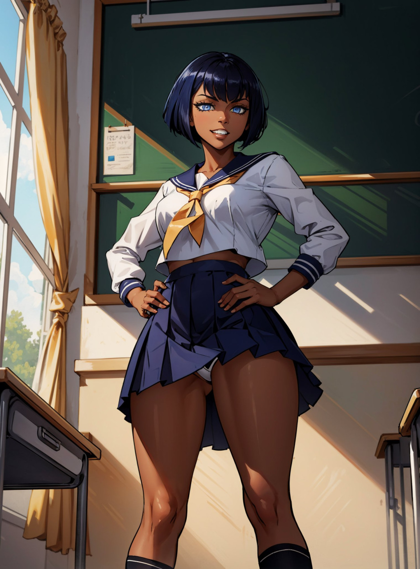 ai_generated brown_skin dark_hair eliza_(skullgirls) female looking_at_viewer makimass_ai school_uniform skullgirls video_games