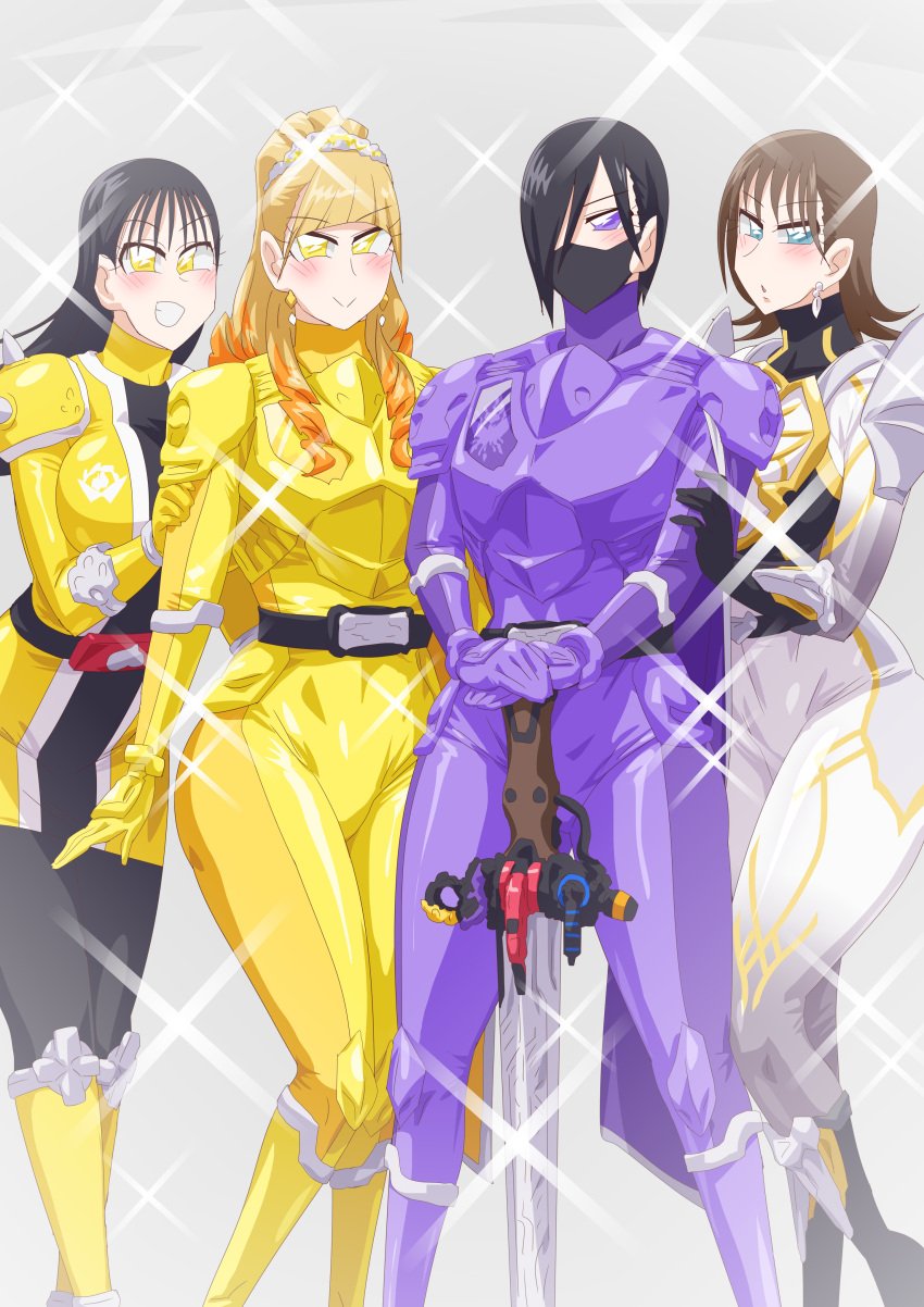 4girls alluring avataro_sentai_donbrothers big_breasts black_hair blonde_hair blue_eyes bodysuit brown_hair face_mask haruka_kito heterochromia himeno_ran kanisuka_rita kito_haruka mask multiple_girls no_headwear ohsama_sentai_king-ohger otokam1117 pin_up ran_himeno sononi sononi_(donbrothers) super_sentai weapons yellow_eyes