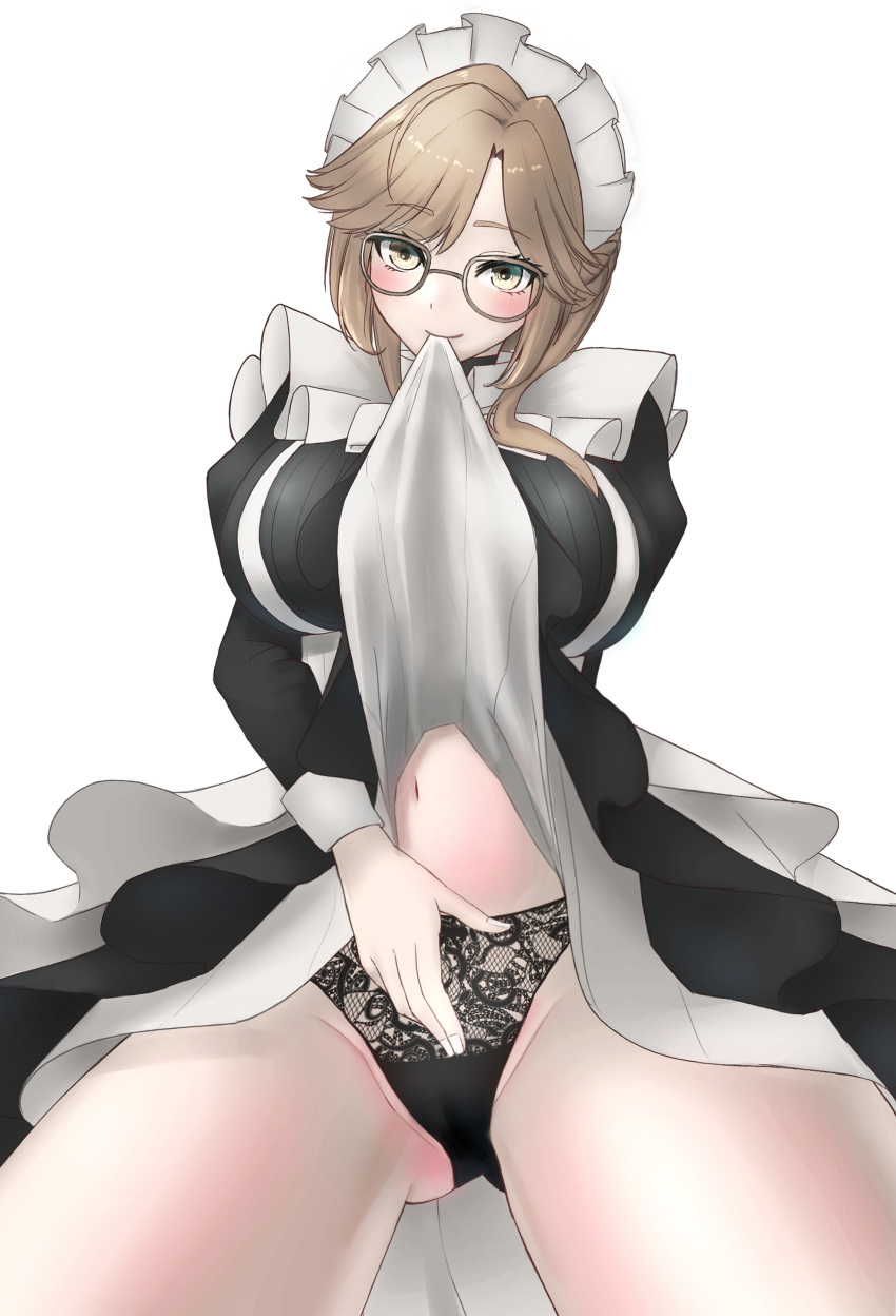 1girls ade_(nikke) biting_clothes black_panties black_skirt blush breasts brown_hair frills glasses goddess_of_victory:_nikke green_eyes headwear hi_res lace-trimmed_panties lace_trim lifted_by_self long_skirt looking_at_viewer maid maid_apron maid_headdress medium_hair navel nero_(voyaki) panties sidelocks simple_background skirt_lift smile solo solo_fe solo_female stomach underwear white_background