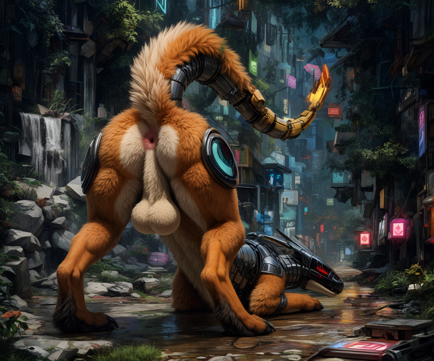 absurd_res ai_generated anus ass ass_up balls big_balls black_claws blp brown_body brown_fur city claws feral fur genitals glowing hi_res hybrid looking_at_viewer looking_back looking_back_at_viewer lying male metallic_body multicolored_body multicolored_fur on_front on_ground paws pink_anus plant presenting presenting_hindquarters raised_tail rear_view solo synth_(vader-san) tan_body tan_fur