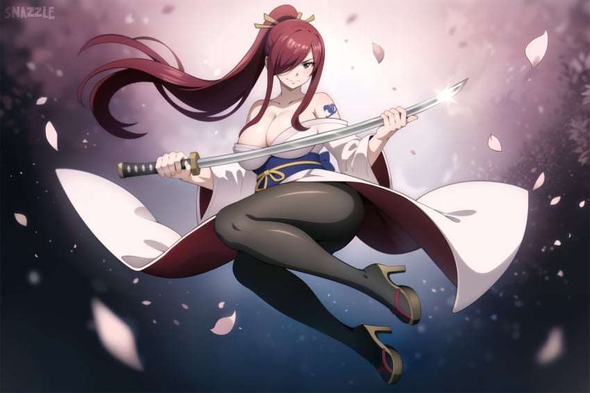 1girls ai_generated bare_shoulders blade breasts brown_eyes cleavage collarbone depth_of_field doyagao erza_scarlet fairy_tail falling_petals full_body hair_over_one_eye high_heels japanese_clothes katana kimono large_breasts long_hair looking_at_viewer obi pantyhose petals ponytail red_hair rose_petals simple_background smirk snazzdaz snazzle solo stable_diffusion watermark white_kimono