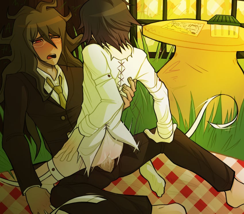 against_tree back_view big_penis bigsyo blush brown_suit danganronpa danganronpa_v3 fully_clothed gay gay_sex glasses gokuhara_gonta gonta_gokuhara grass green_hair half_naked kokichi_ouma laboratory long_hair ouma_kokichi penetration picnic_blanket purple_hair red_eyes riding riding_cock size_difference socks straps tie top-down_bottom-up white_clothing