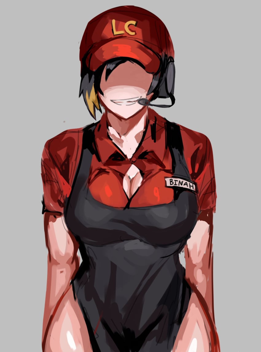 1girl apron binah black_hair cleavage colored_hair faceless_character faceless_female fast_food_employee fast_food_uniform female female_focus gray_background hat headset library_of_ruina lobotomy_corporation looking_at_viewer morchkins nametag project_moon scary scary_smile sinister_smile smile smiling smiling_at_viewer