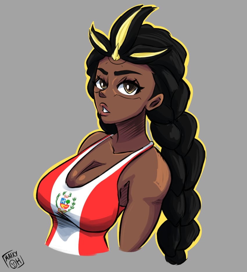 1girls blizzard_entertainment braids dark-skinned_female dark_skin illari_(overwatch) illari_quispe_ruiz motoanexo overwatch overwatch_2 peruvian_female peruvian_flag_bikini simple_background