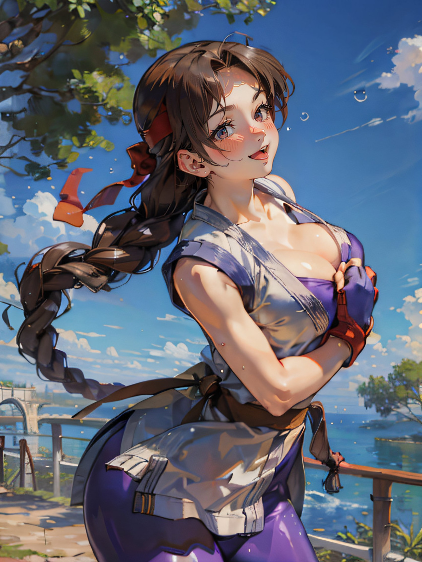 1girls ai_generated ass bandana big_ass big_breasts braid braided_ponytail breasts brown_eyes brown_hair cleavage female gloves huge_breasts karate_gi king_of_fighters latex light-skinned_female light_skin long_hair looking_at_viewer open_mouth outdoors outside pants ponytail purple_pants river skirt smiling smiling_at_viewer spandex standing thick_thighs thighs tied_hair toned toned_female trees voluptuous water wide_hips yoga_pants yuri_sakazaki