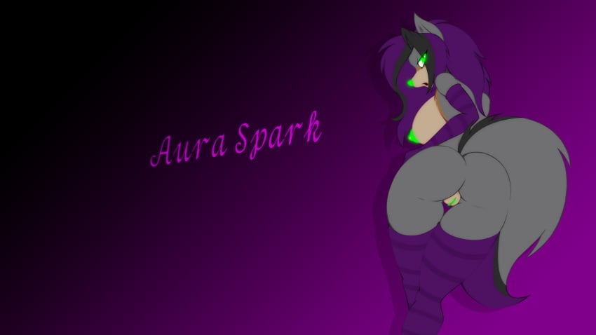 16:9 2016 anthro armwear aura_spark bioluminescence breasts canine clothing elbow_gloves female fox gloves glowing glowing_eyes glowing_nipples green_eyes hair hi_res jrvanesbroek legwear mammal nipples purple_hair pussy simple_background socks solo