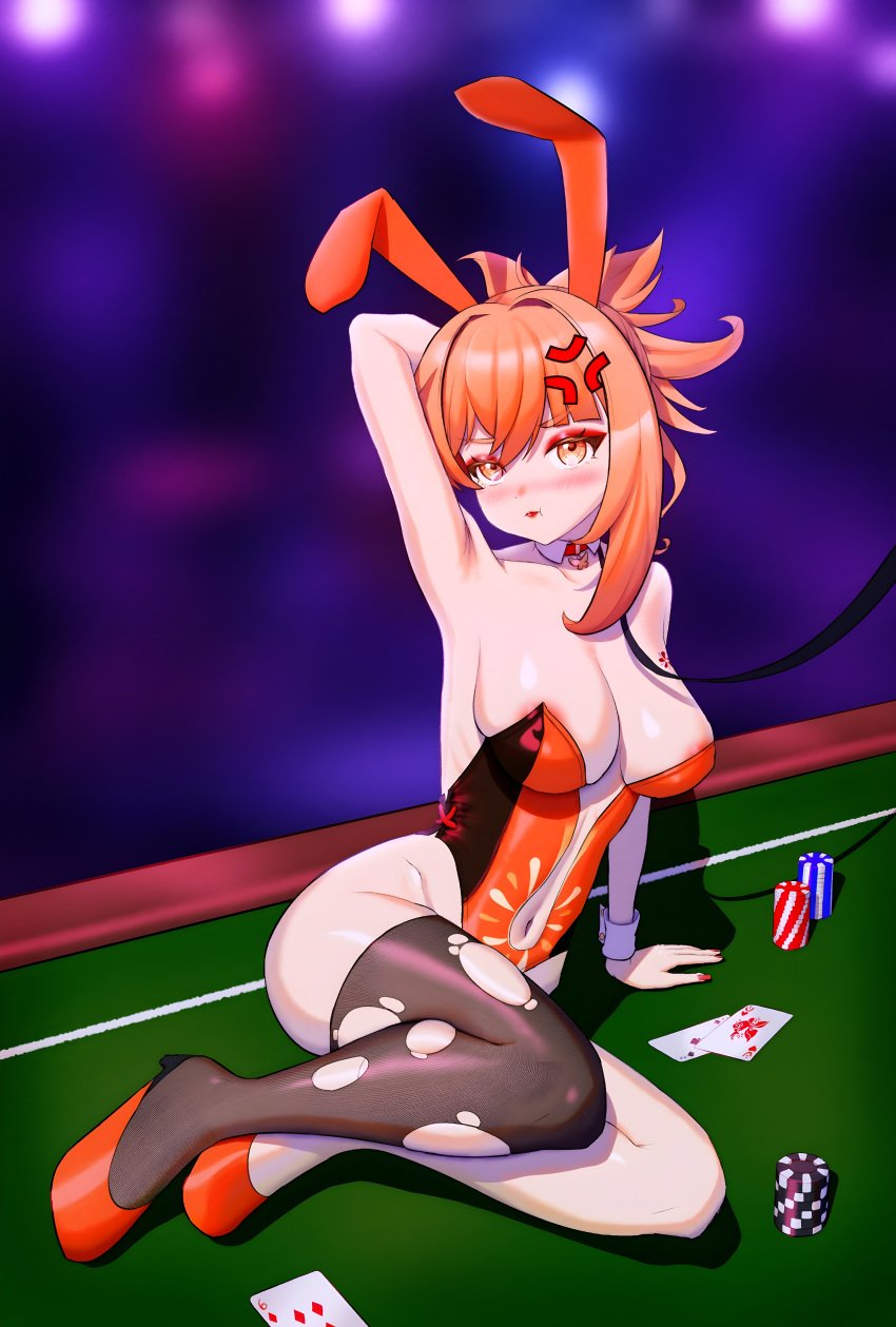 angry_expression angry_face arm_up armpit armpit_sniffing arms_up blush bunny_ears bunnysuit casino collar collar_and_leash high_heels high_resolution highres late_night nipple_outline nipples nipples_covered one_sock orange_eyes orange_hair orange_nails pov pov_eye_contact red_lips short_hair slim_body slim_girl slim_torso teenage_girl teenager upscaled yoimiya_(genshin_impact) yoimiya_bestgrl_(artist) yoimiya_brainrot_(artist)