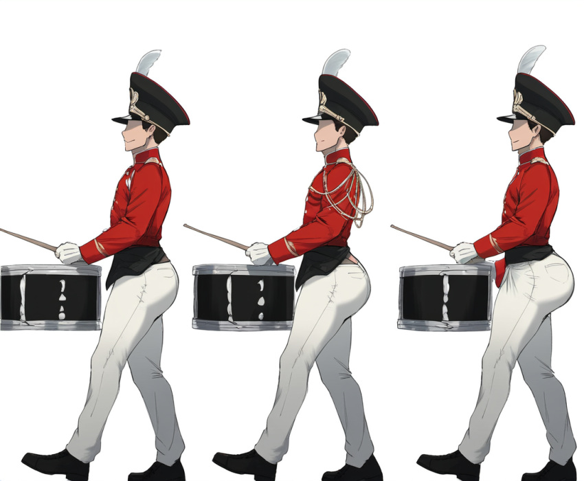 3boys ai_generated ass asses big_ass butts drum drummer drumming drumroll drums gay huge_ass lined_up lineup marching marching_band marching_band_uniform yaoi