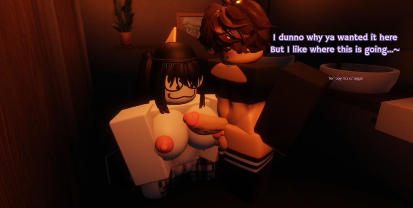 1boy 1boy1girl 1girls 3d balls bathroom breasts english_text female femboy femboy_on_female femboydom foxehdx megamind megamind_(character) nipples penis pussy requested roblox roblox_avatar robloxian tagme text